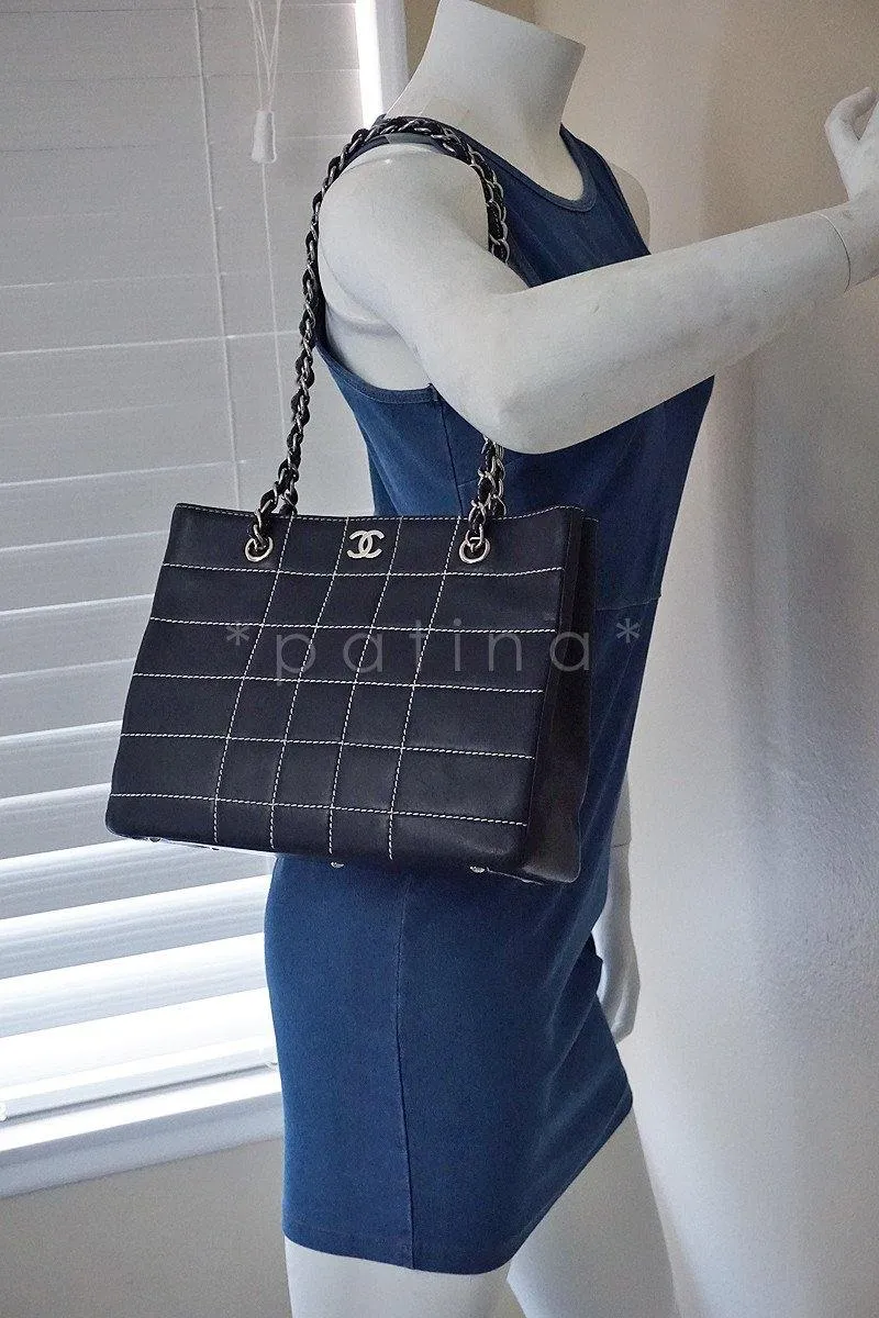 Chanel Navy Blue-Black Contrast Stitch Quilted Shopper Tote Bag