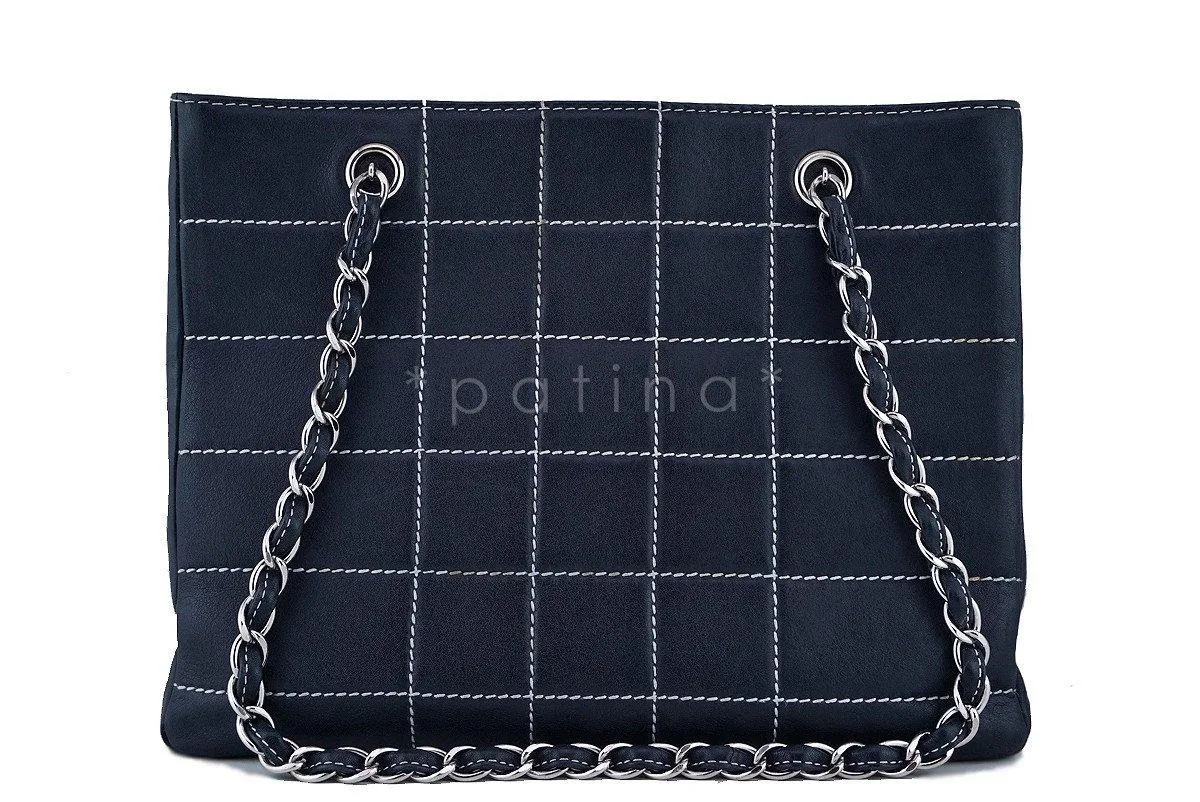 Chanel Navy Blue-Black Contrast Stitch Quilted Shopper Tote Bag