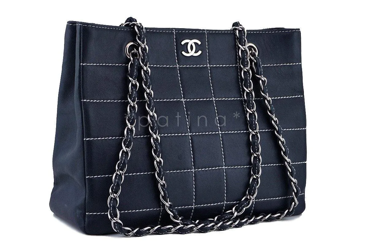 Chanel Navy Blue-Black Contrast Stitch Quilted Shopper Tote Bag