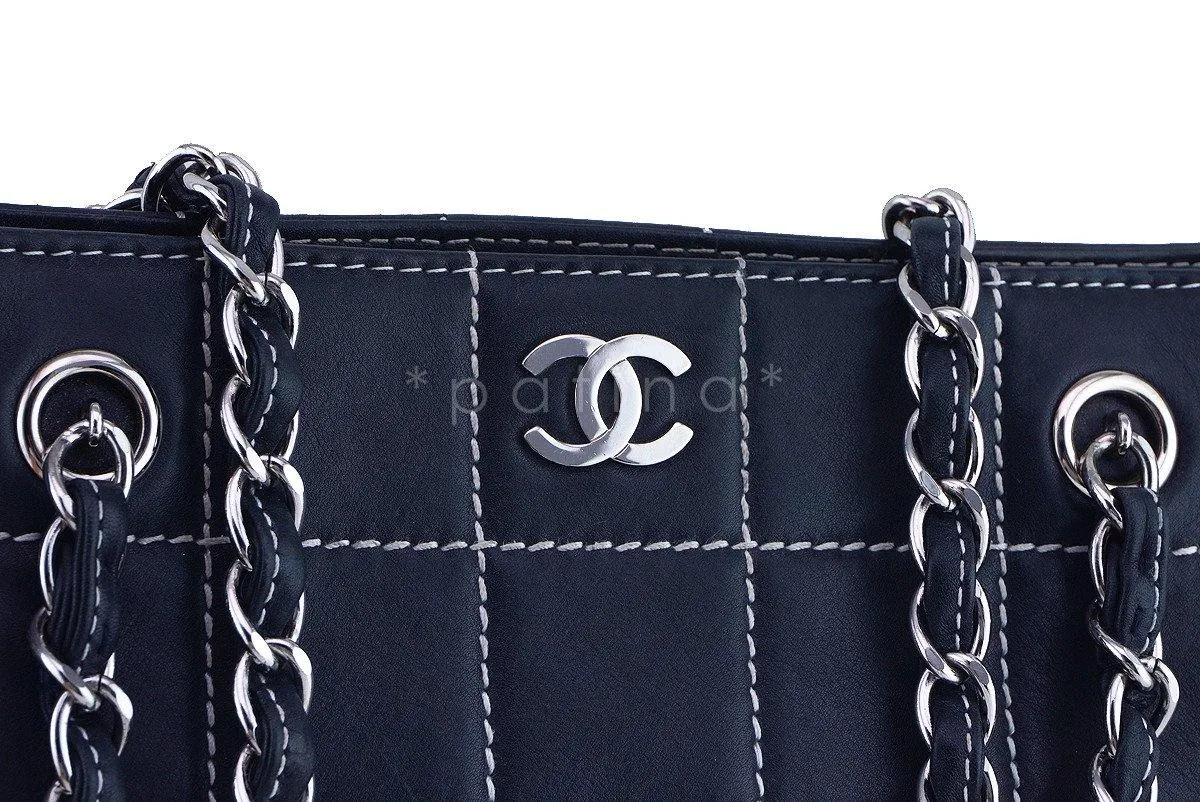 Chanel Navy Blue-Black Contrast Stitch Quilted Shopper Tote Bag