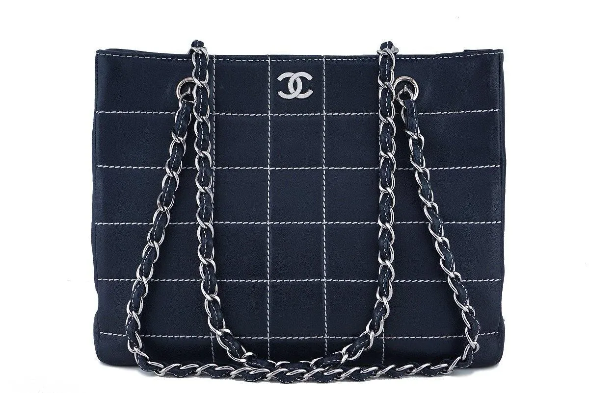 Chanel Navy Blue-Black Contrast Stitch Quilted Shopper Tote Bag