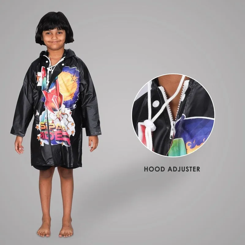 Kids Waterproof PVC Longcoat with Adjustable Hood | Includes Plastic Pouch | Size: 3-4 Years | Color: Black