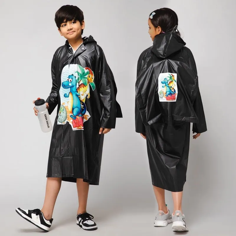 Kids Waterproof PVC Longcoat with Adjustable Hood | Includes Plastic Pouch | Size: 3-4 Years | Color: Black