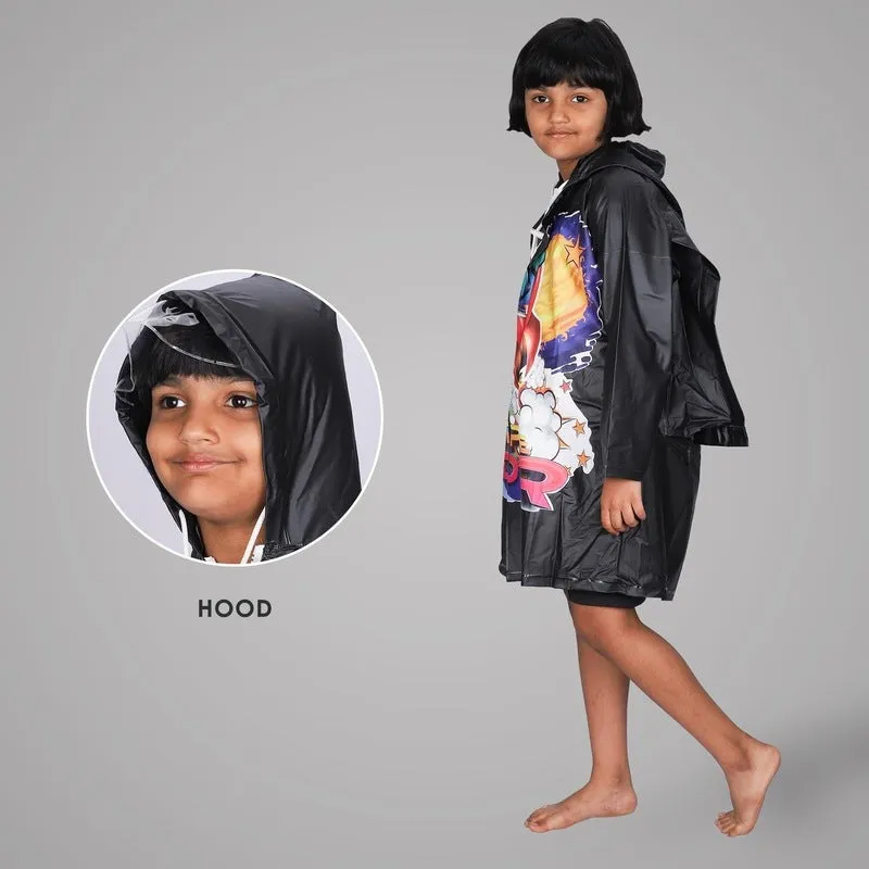 Kids Waterproof PVC Longcoat with Adjustable Hood | Includes Plastic Pouch | Size: 3-4 Years | Color: Black