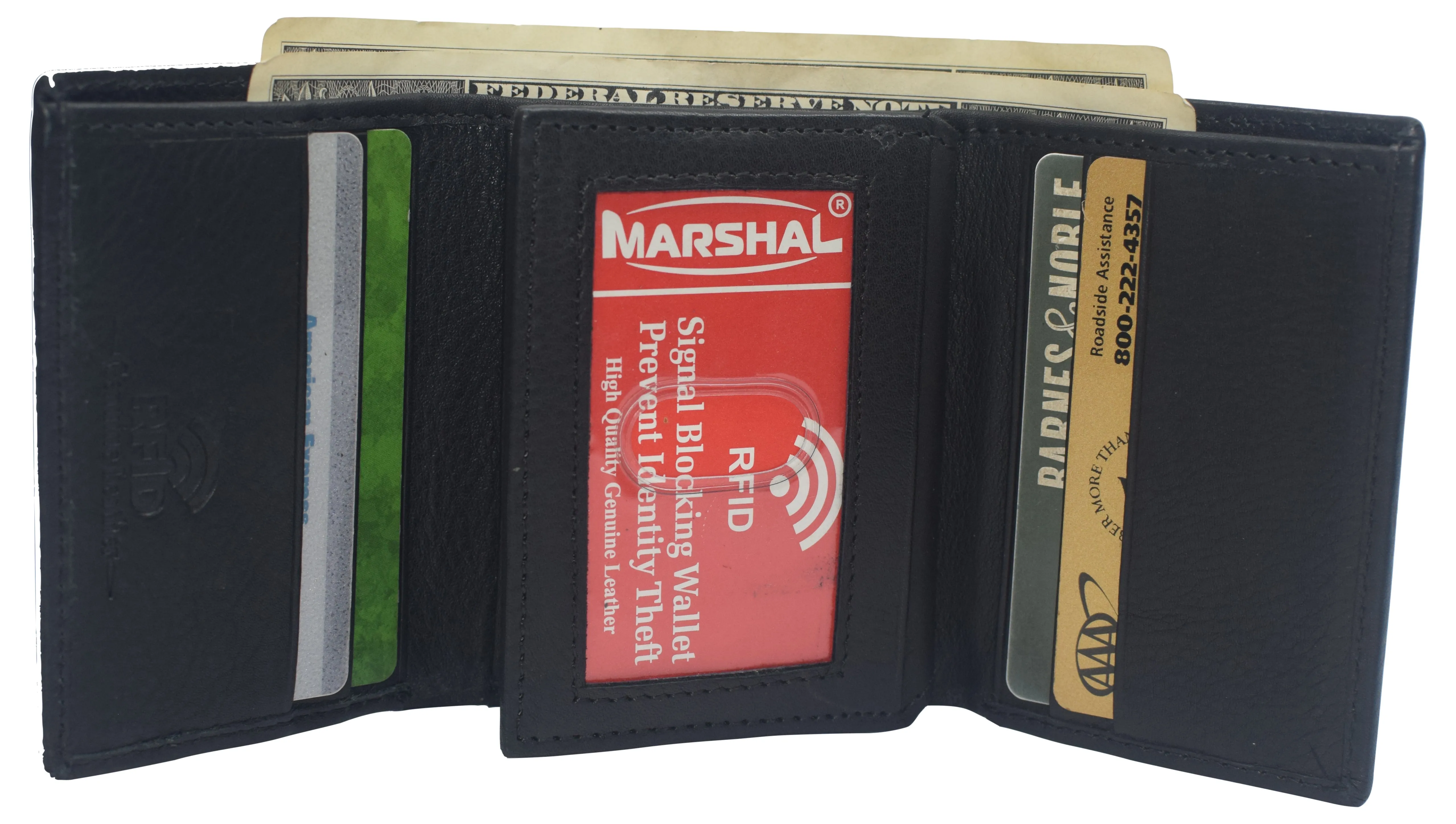 Marshal Men's RFID Blocking Full Grain Leather 2 ID Windows Trifold Wallet