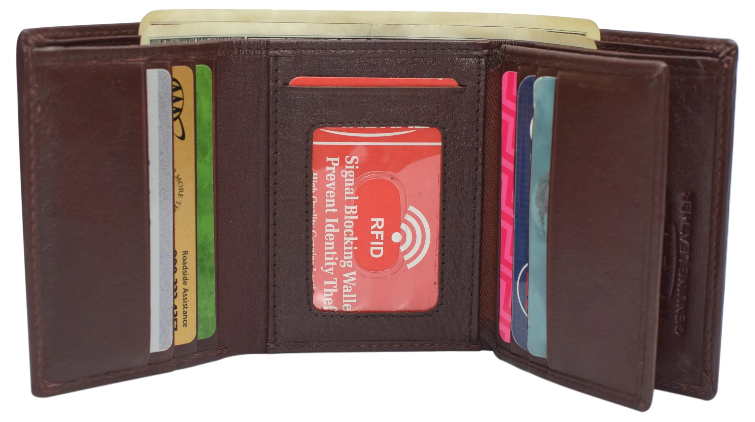 Marshal Men's RFID Blocking Full Grain Leather 2 ID Windows Trifold Wallet