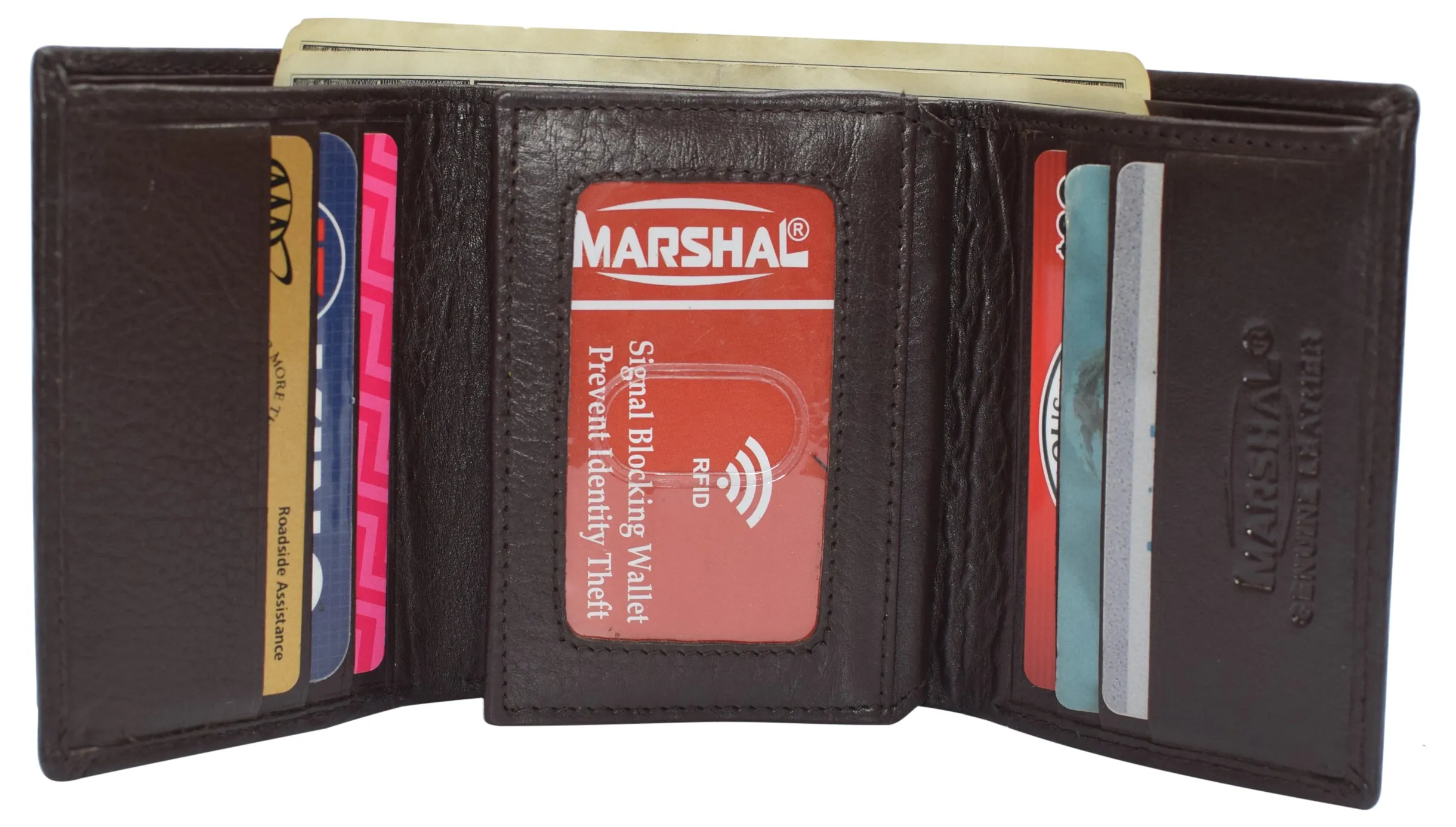 Marshal Men's RFID Blocking Full Grain Leather 2 ID Windows Trifold Wallet