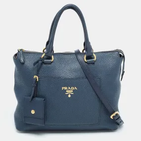 Navy Blue Vitello Daino Leather Satchel