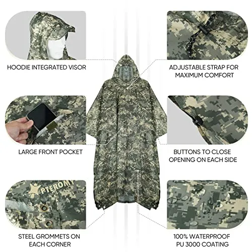 PTEROMY Hooded Rain Poncho for Adult with Pocket, Waterproof Lightweight Unisex Raincoat for Hiking Camping Emergency (Green Digi Camo)