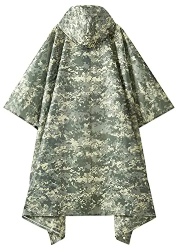 PTEROMY Hooded Rain Poncho for Adult with Pocket, Waterproof Lightweight Unisex Raincoat for Hiking Camping Emergency (Green Digi Camo)