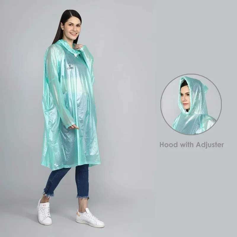 THE CLOWNFISH Avalon Series Womens Waterproof PVC Transparent Self Design Pullover Longcoat/Raincoat with Adjustable Hood (Green, X-Large)