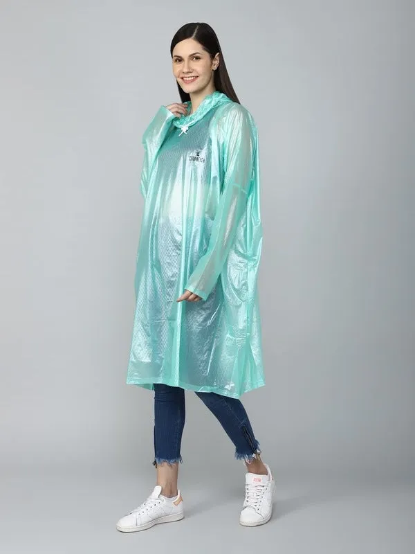 THE CLOWNFISH Avalon Series Womens Waterproof PVC Transparent Self Design Pullover Longcoat/Raincoat with Adjustable Hood (Green, X-Large)