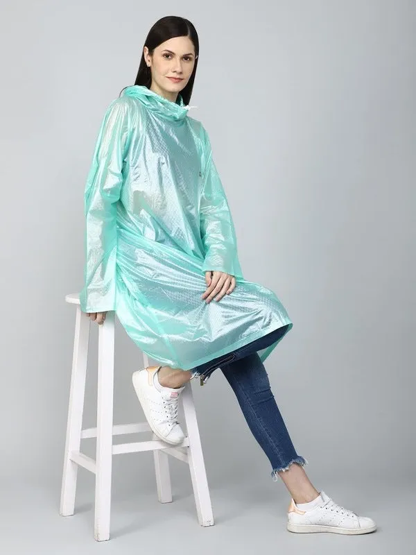 THE CLOWNFISH Avalon Series Womens Waterproof PVC Transparent Self Design Pullover Longcoat/Raincoat with Adjustable Hood (Green, X-Large)