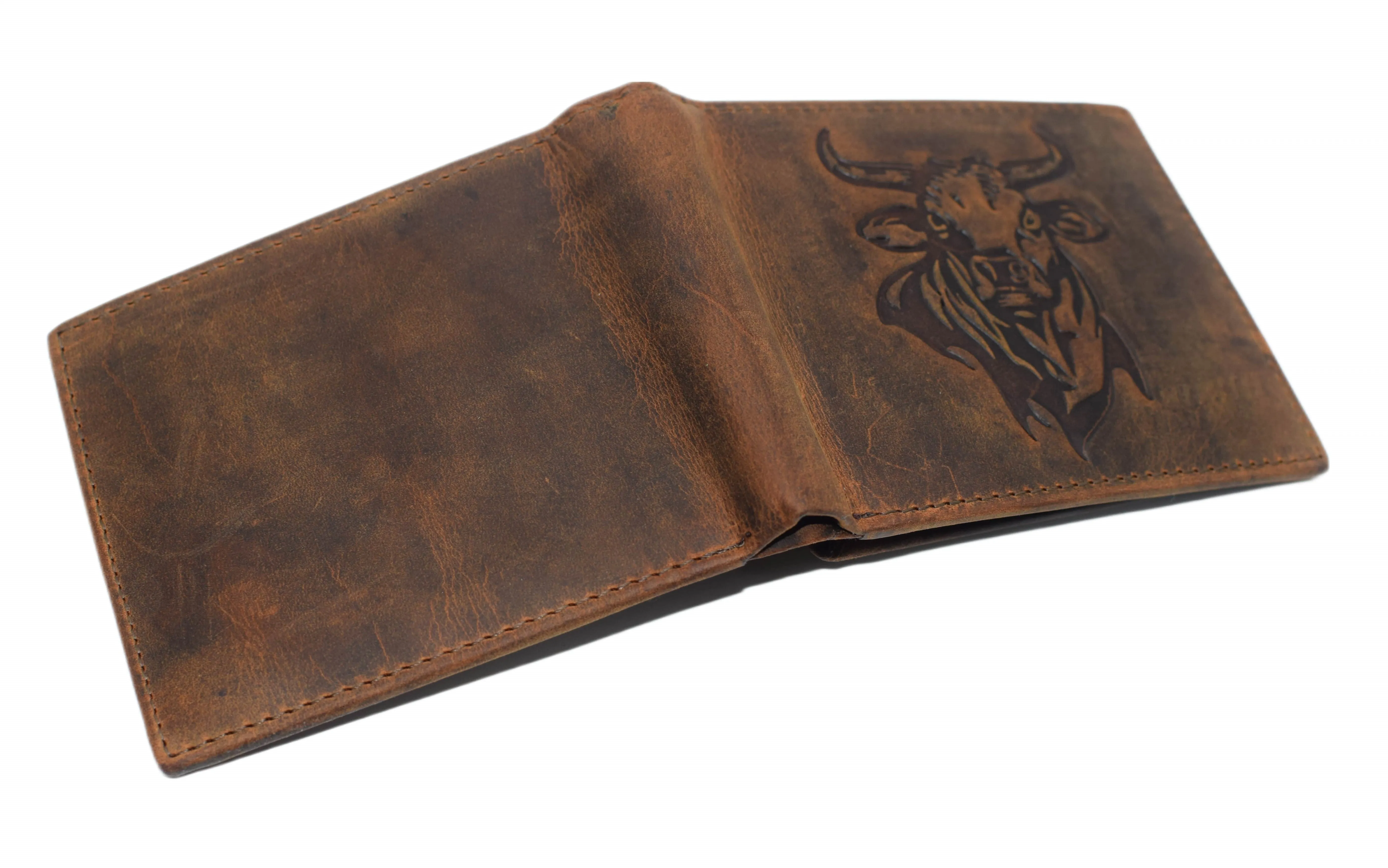 Western Wallet For Men - Vintage Cowhide Leather Rodeo Bull Bifold Wallet For Cowboys - Men’s Wallet Bifold RFID Blocking Card Holder