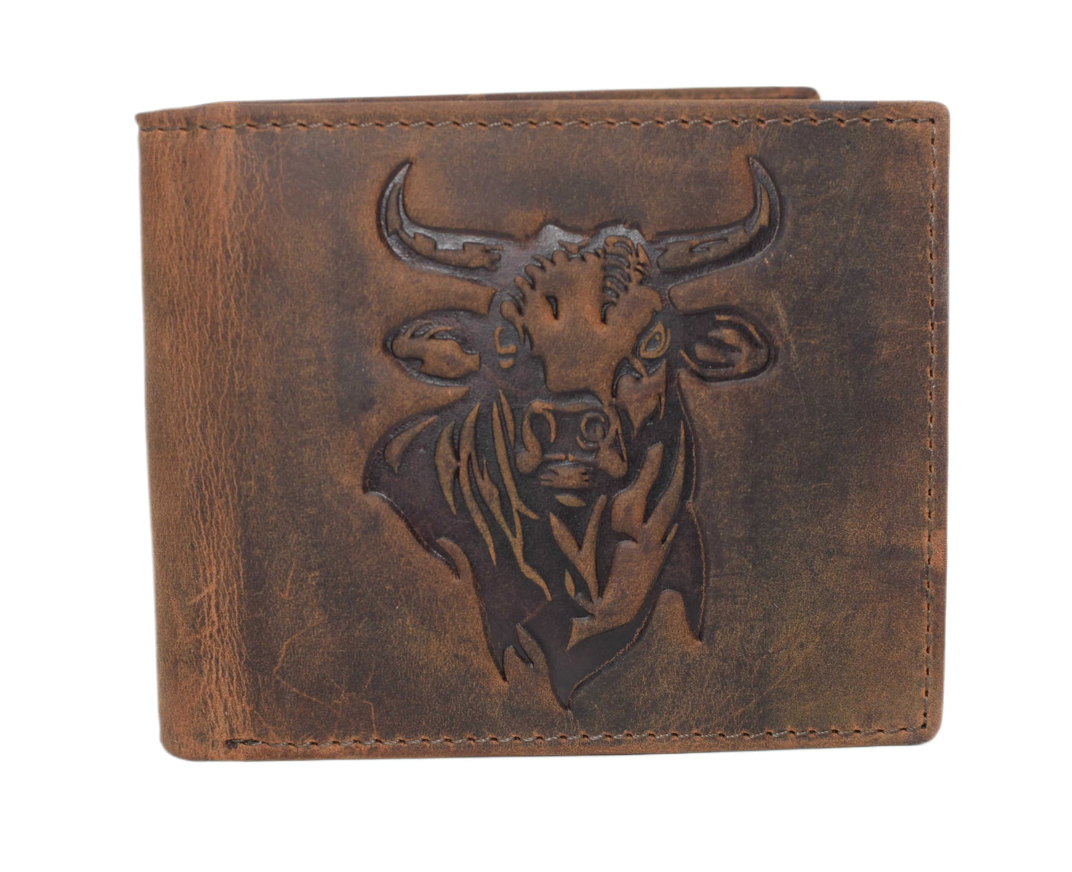 Western Wallet For Men - Vintage Cowhide Leather Rodeo Bull Bifold Wallet For Cowboys - Men’s Wallet Bifold RFID Blocking Card Holder