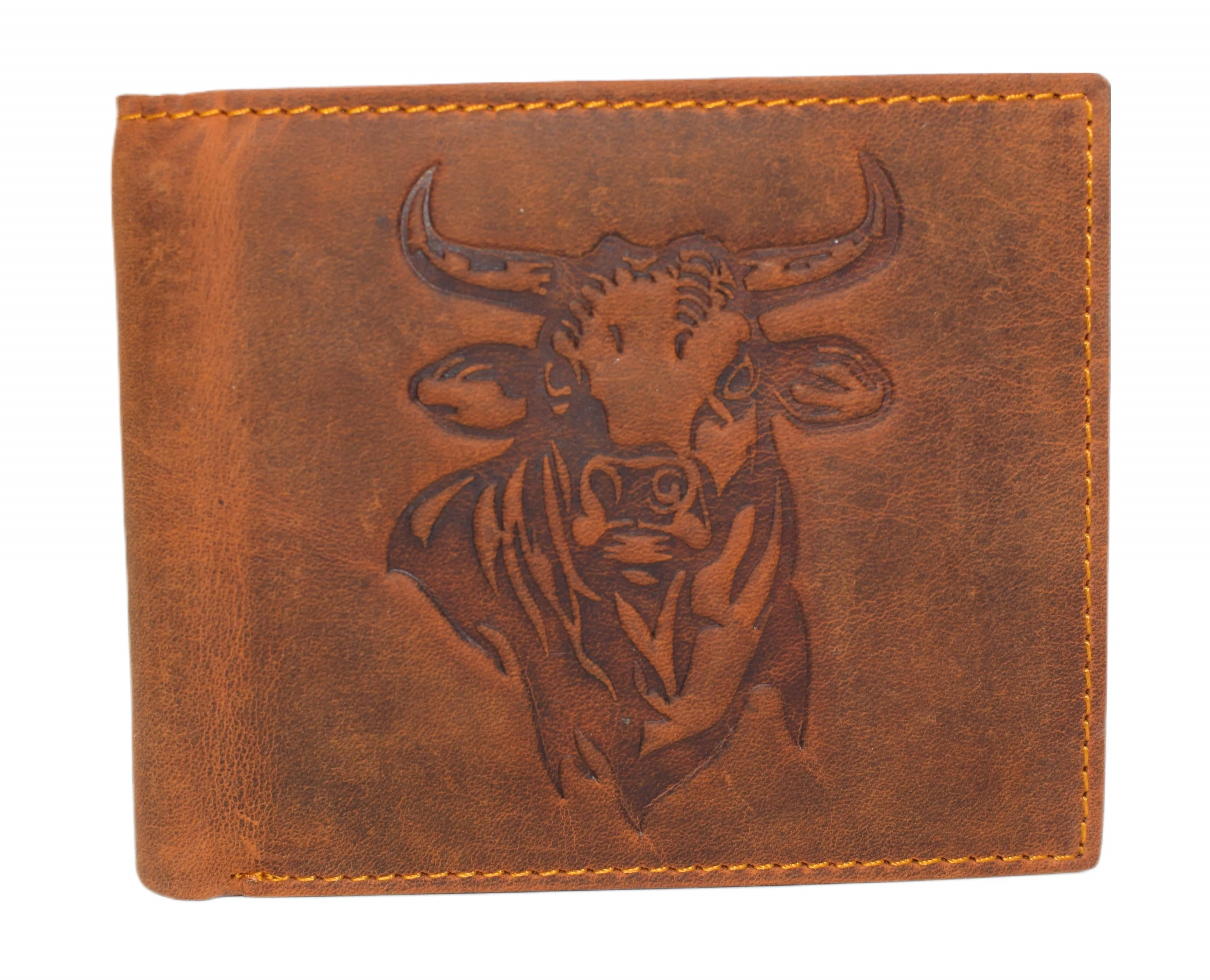 Western Wallet For Men - Vintage Cowhide Leather Rodeo Bull Bifold Wallet For Cowboys - Men’s Wallet Bifold RFID Blocking Card Holder