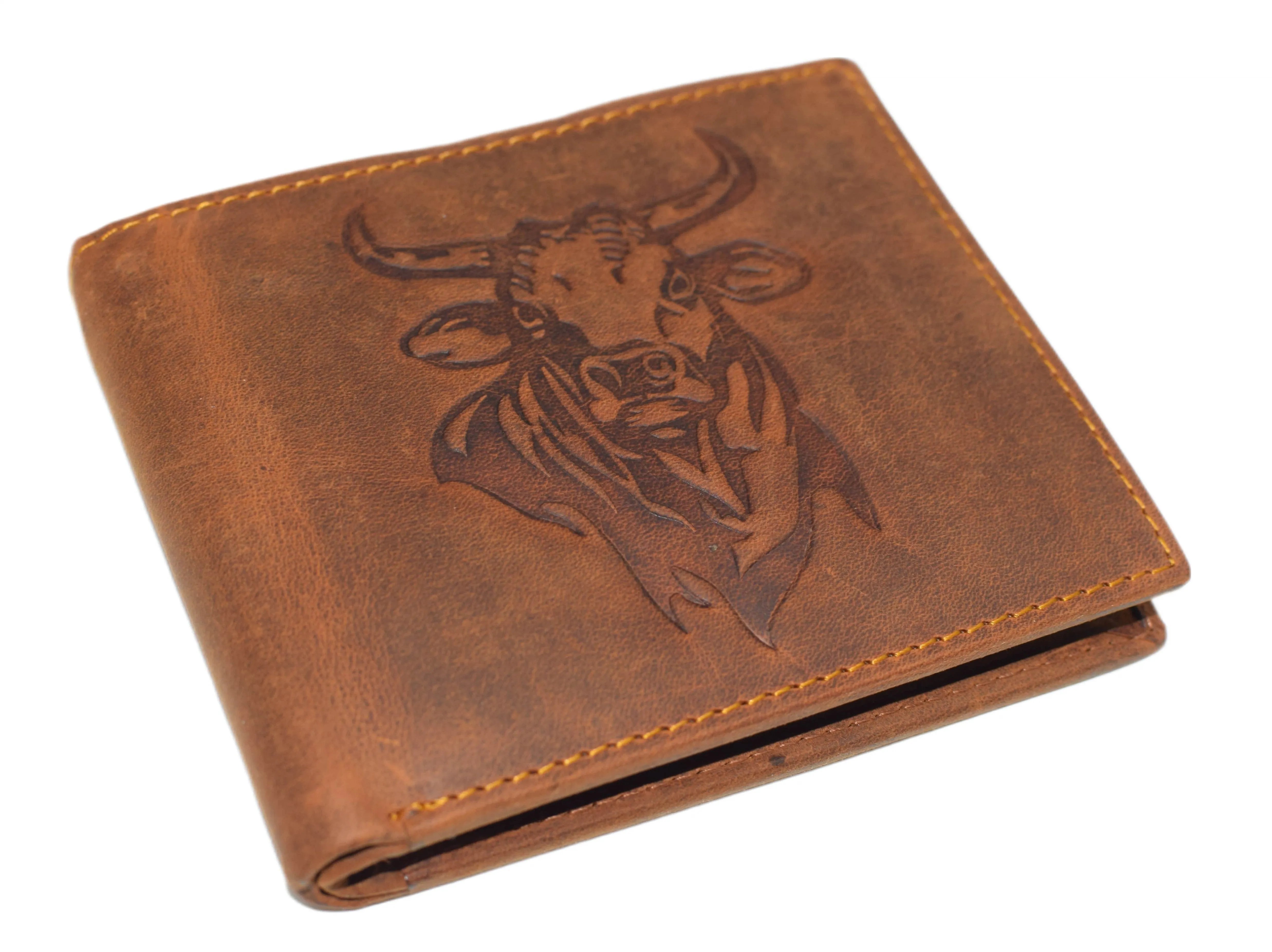 Western Wallet For Men - Vintage Cowhide Leather Rodeo Bull Bifold Wallet For Cowboys - Men’s Wallet Bifold RFID Blocking Card Holder