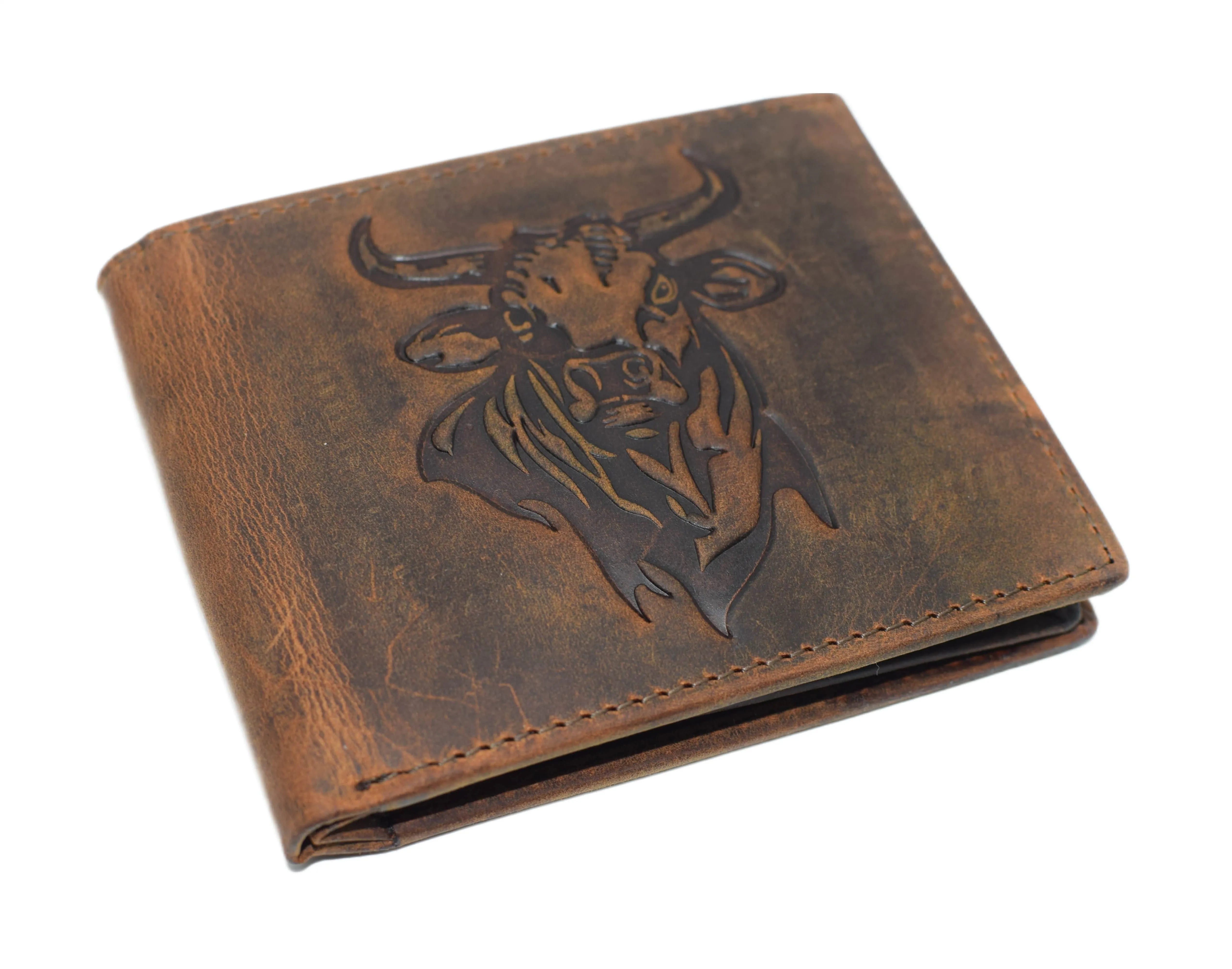 Western Wallet For Men - Vintage Cowhide Leather Rodeo Bull Bifold Wallet For Cowboys - Men’s Wallet Bifold RFID Blocking Card Holder