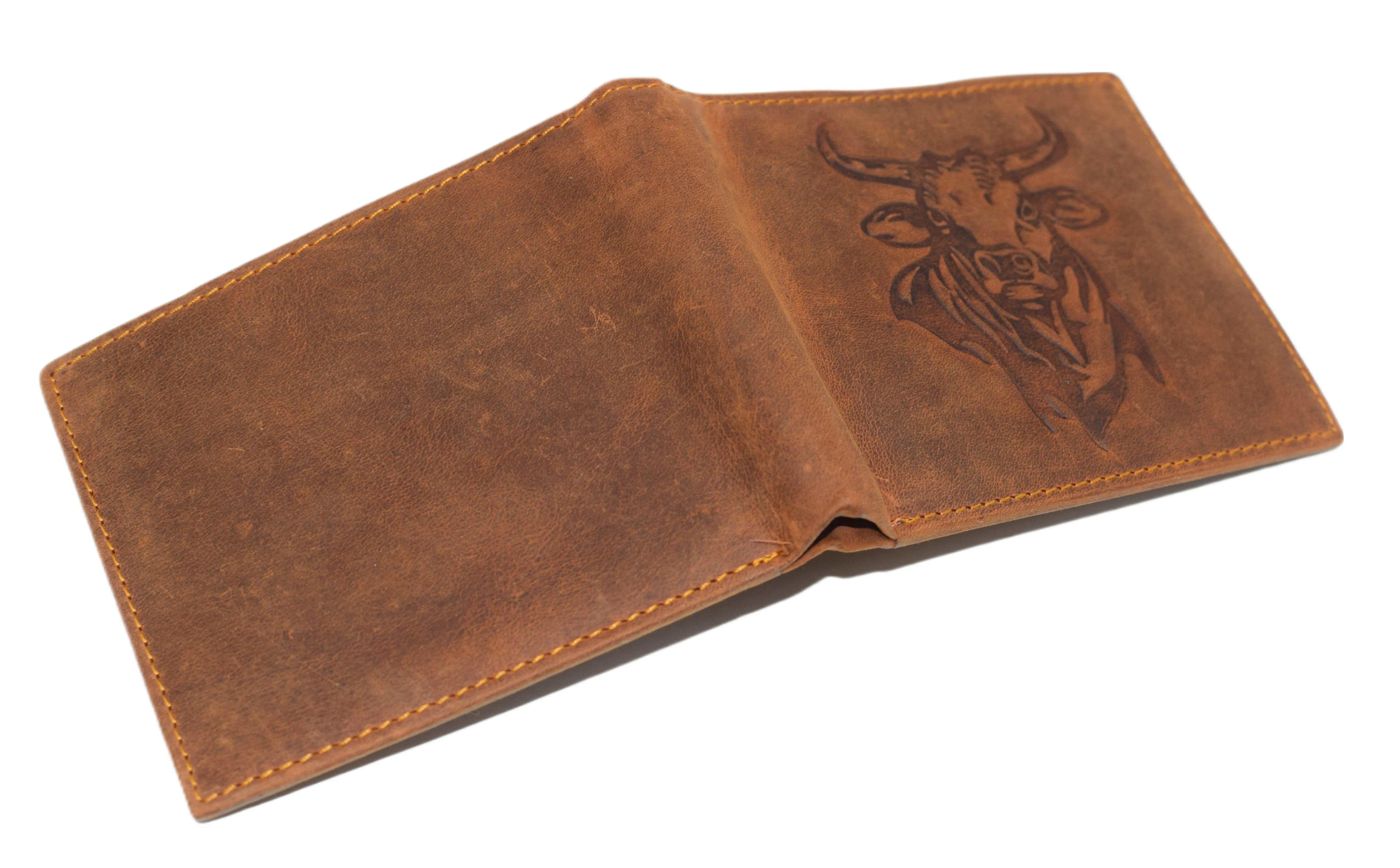 Western Wallet For Men - Vintage Cowhide Leather Rodeo Bull Bifold Wallet For Cowboys - Men’s Wallet Bifold RFID Blocking Card Holder