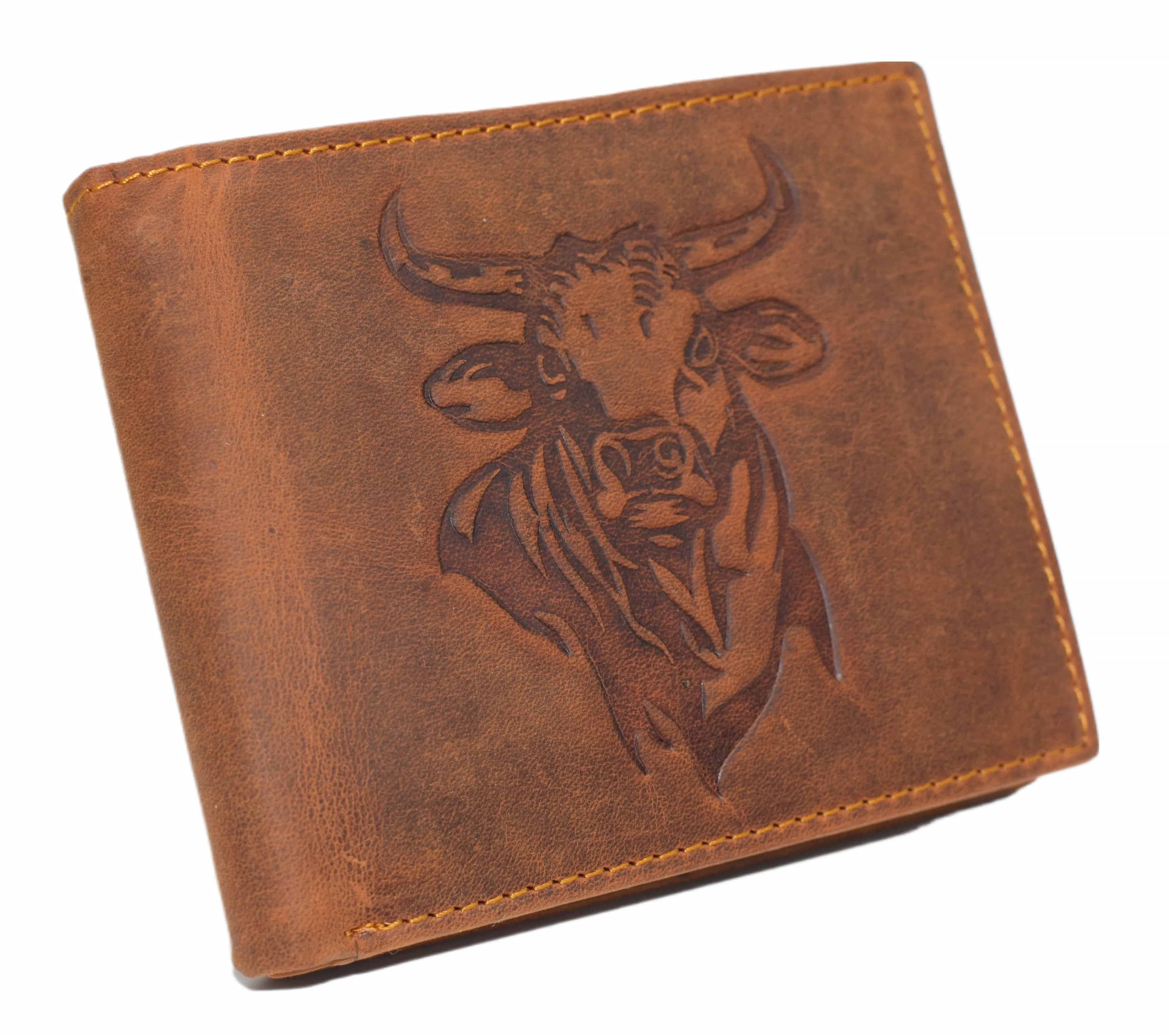 Western Wallet For Men - Vintage Cowhide Leather Rodeo Bull Bifold Wallet For Cowboys - Men’s Wallet Bifold RFID Blocking Card Holder