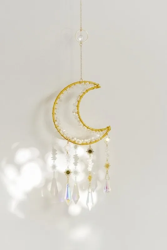 Xander Kostroma Gold Tone Crescent Moon Quartz Crystal Window Suncatcher – 37 cm Drop Decorative Healing Crystal for Home, Office & Meditation Spaces, Promotes Positive Energy & Clarity